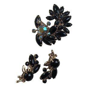 Vintage black gold tone brooch and clip earring set Aurora  borealis rhinestone